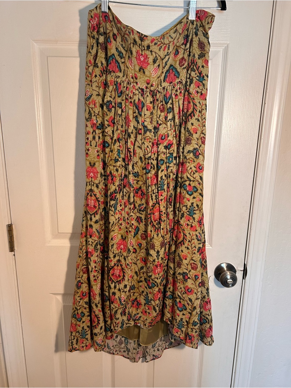 Peruvian Connection Floral High-Low Midi Skirt in Mustard with Pink & Teal